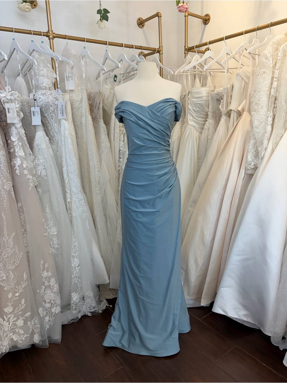 Bari Jay Off-Shoulder Ruched Gown - Dusty Blue